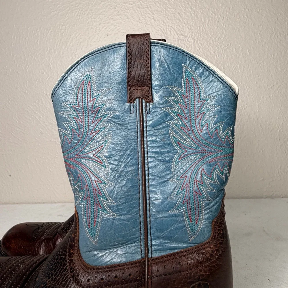 Ariat western brown boot with blue embroidered shaft